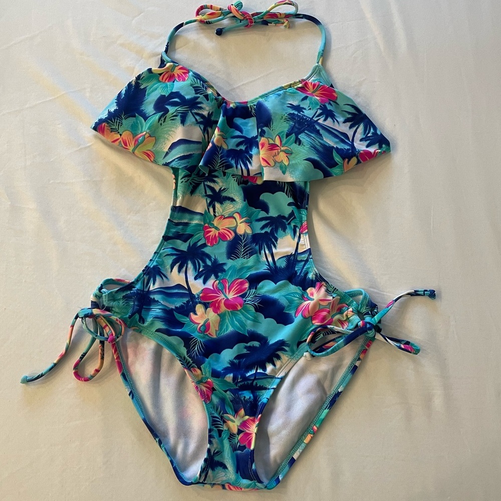 Women Tropical Print Ruffle One Piece Swimsuit